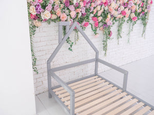 Montessori Wood House Bed Frame Toddler Bed with legs Grey color (Model 3)