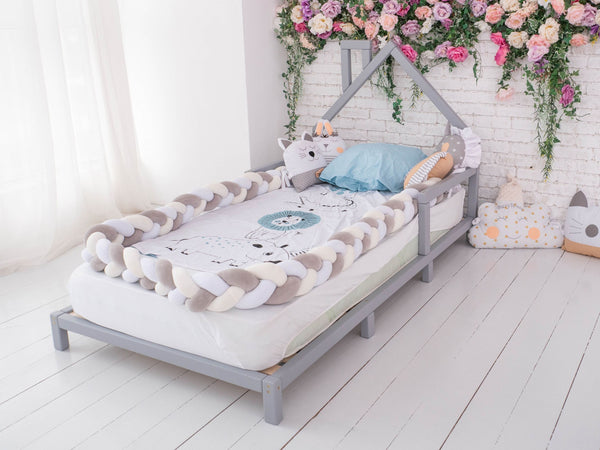 Montessori Wood House Bed Frame Toddler Bed with legs Grey color (Model 3)