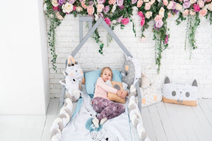 Montessori Wood House Bed Frame Toddler Bed with legs Grey color (Model 3)