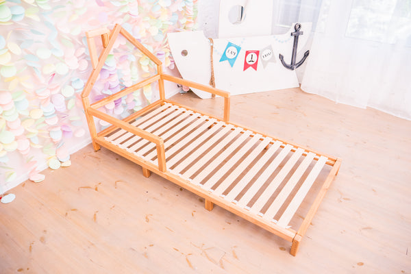 Montessori Wood House Bed Frame Toddler Bed with legs Natural Color (Model 3)