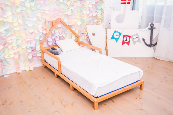 Montessori Wood House Bed Frame Toddler Bed with legs Natural Color (Model 3)