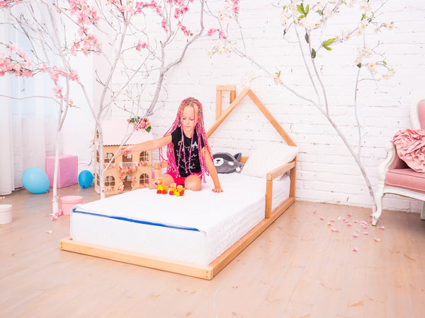 Montessori Floor Toddler Bed House Frame bed Natural Color (Model 3)
