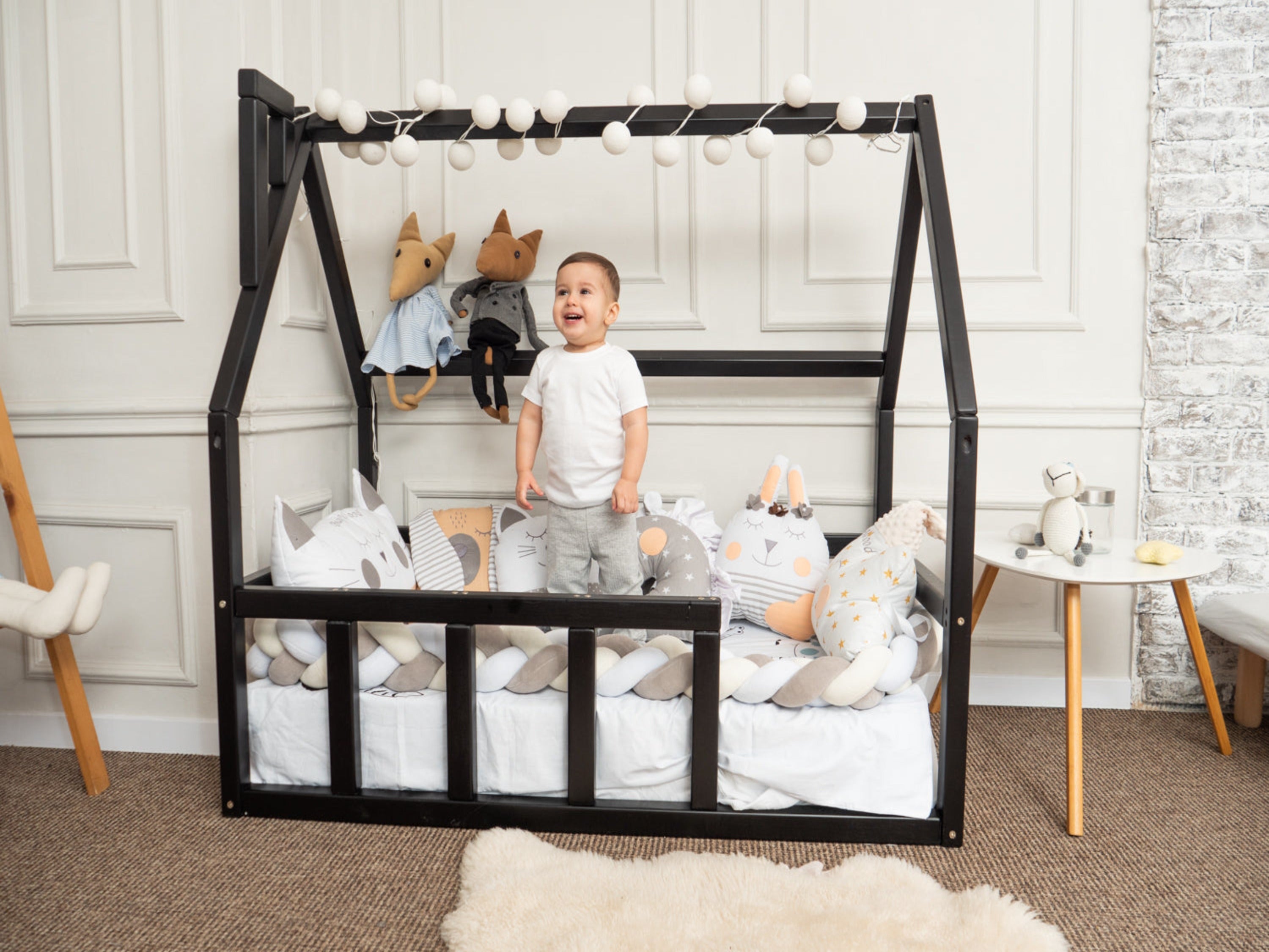 Platform Montessori floor bed for Toddler without slats Black color (M –