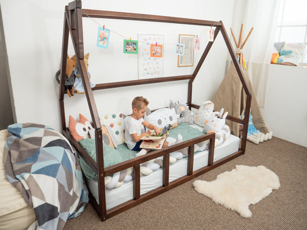 Platform Montessori floor bed for Toddler without slats with roof Dark color (Model 1)