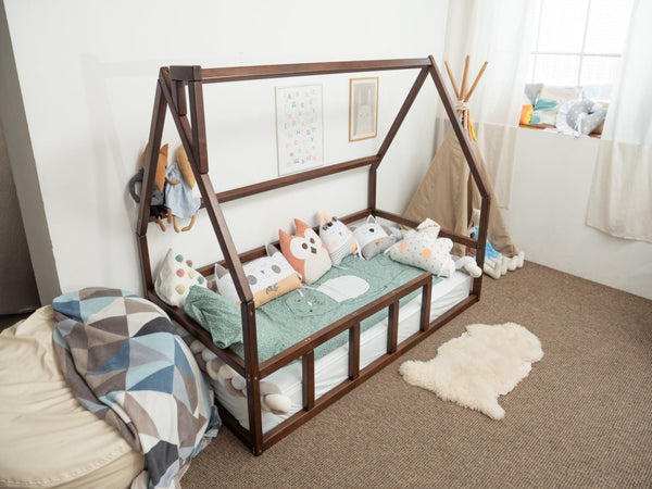 Platform Montessori floor bed for Toddler without slats with roof Dark color (Model 1)