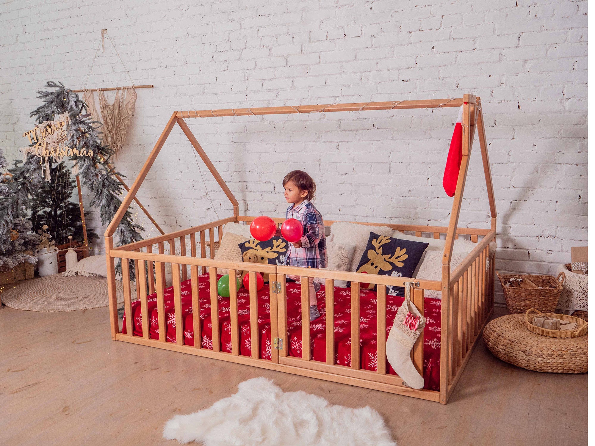 Playpen bed Toddler House bed Natural color (Model 6) – busywood.com