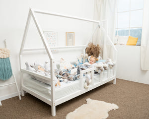 Toddler Bed with Legs, Roof and Slats with front rail White color, Twin size 75x38 in (Model 1)