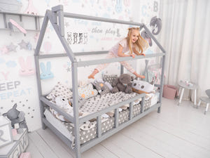 Montessori Bed House Bed with legs Grey color (Model 2)