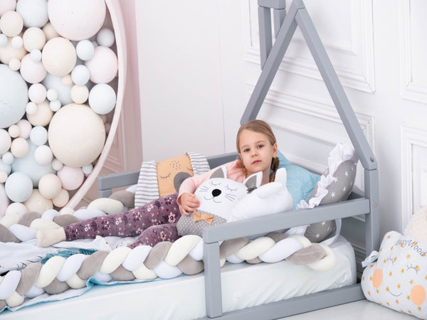 Montessori Floor Toddler Bed House Frame bed Grey color (Model 3)