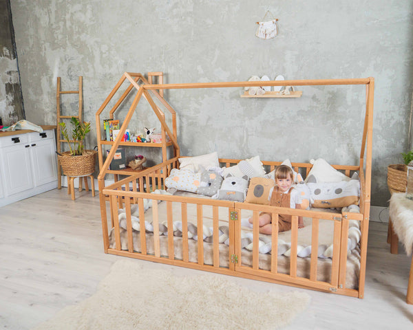 Toddler House bed Playpen Natural color | 75x54 in (Model 6)