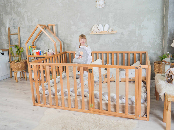 Twin size Montessori Playpen Children room with extended rails Natural color 75x38 in (Model 6.3)