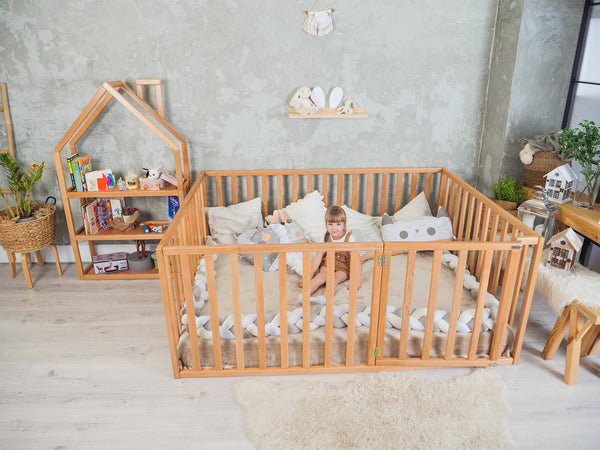 Wooden Platform bed Playpen with extended rail