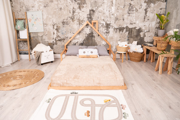 Wooden floor bed with mattress base Natural Color (Model 3)