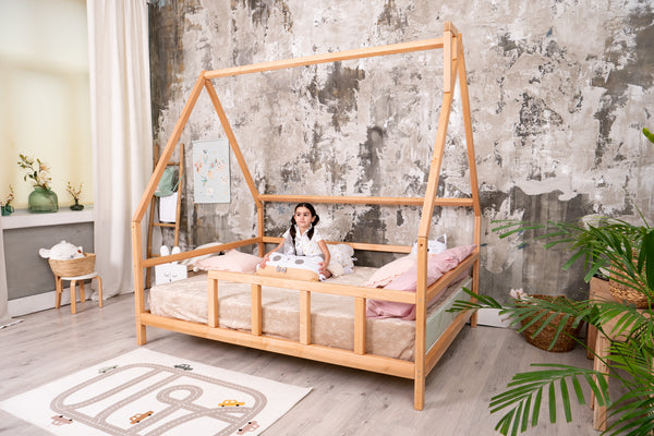 Modern Montessori Bed Frame with legs and roof Natural color, Full size 75x54 in (Model 1)