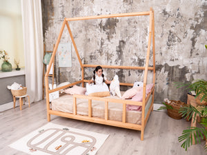 Full Montessori Bed with legs and roof Natural color, Size 75x54 in (Model 1), photo 1