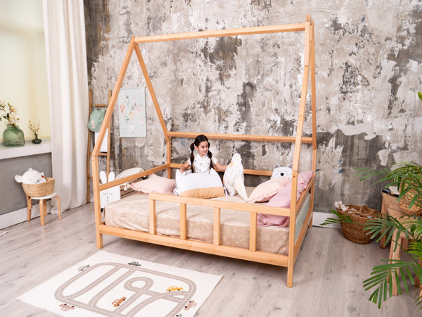 Full Montessori Bed with legs and roof Natural color, Size 75x54 in (Model 1)