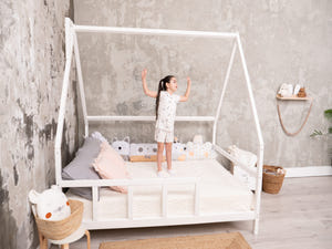 Full size Montessori Bed Frame with legs and roof White color, Size 75x54 in (Model 1)