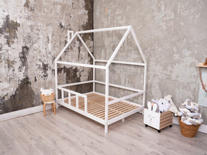 Montessori House Bed with Legs and Slats, White color(Model 2)