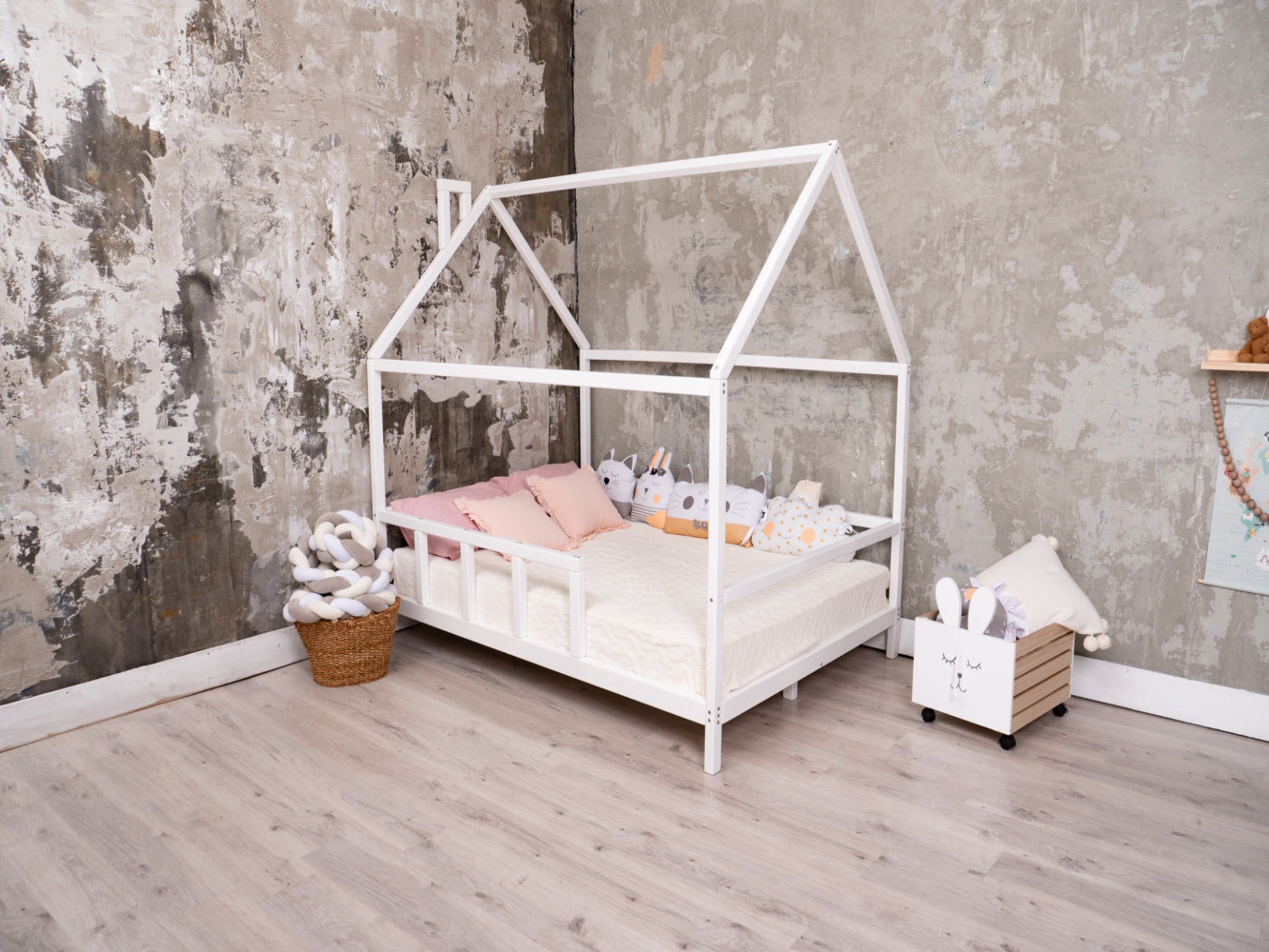 Montessori House Bed with Legs and Slats, White color(Model 2)