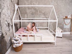 Montessori House Bed with Legs and Slats, White color(Model 2)