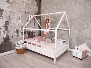 Montessori House Bed with Legs and Slats, White color(Model 2)
