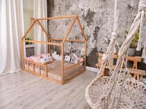 Platform Montessori Bed House Natural color with roof (Model 2)