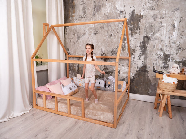Platform Montessori Bed House Natural color with roof (Model 2)