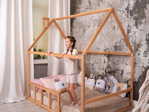 Platform Montessori Bed House Natural color with roof (Model 2)