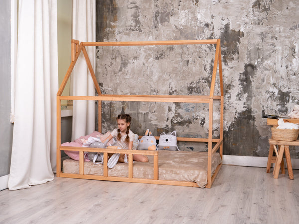 Platform Montessori Bed House Natural color with roof (Model 2)