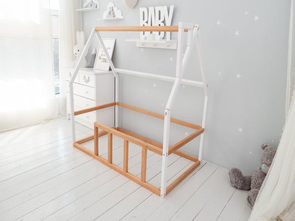 Floor bed for sleeping only Montessori bed for toddler (Model 1 mini WHITE+NATURAL TREE)