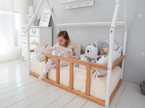 Floor bed for sleeping only Montessori bed for toddler (Model 1 mini WHITE+NATURAL TREE), фото 5