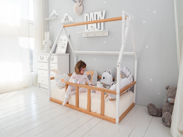 Floor bed for sleeping only Montessori bed for toddler (Model 1 mini WHITE+NATURAL TREE), фото 1