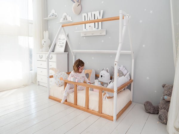 Floor bed for sleeping only Montessori bed for toddler (Model 1 mini WHITE+NATURAL TREE)