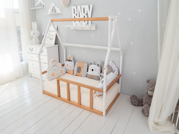 Floor bed for sleeping only Montessori bed for toddler (Model 1 mini WHITE+NATURAL TREE), фото 3