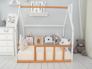 Floor bed for sleeping only Montessori bed for toddler (Model 1 mini WHITE+NATURAL TREE)
