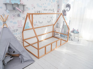 Floor bed for sleeping only Montessori - crib, twin, full, queen house Natural color (Model 1 mini)