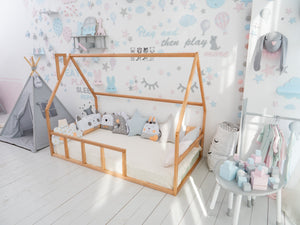 Floor bed for sleeping only Montessori - crib, twin, full, queen house Natural color (Model 1 mini)