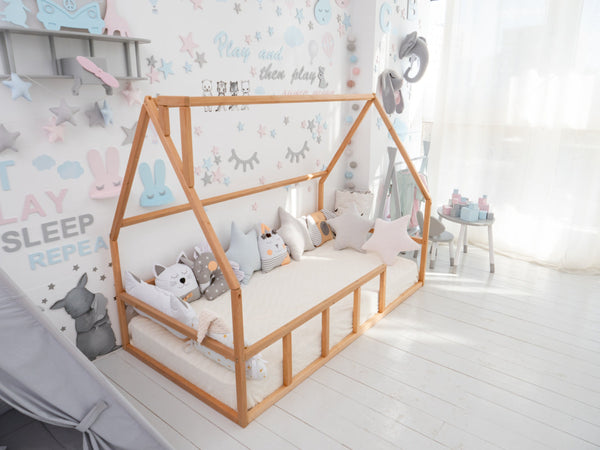 Floor bed for sleeping only Montessori - crib, twin, full, queen house Natural color (Model 1 mini)