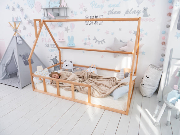 Floor bed for sleeping only Montessori - crib, twin, full, queen house Natural color (Model 1 mini)