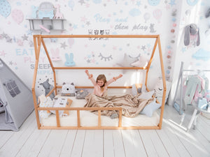 Floor bed for sleeping only Montessori - crib, twin, full, queen house Natural color (Model 1 mini)