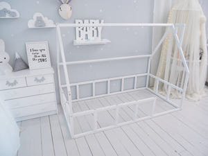 Wood House Bed for Climbing Montessori Bed White Color (Model 1)