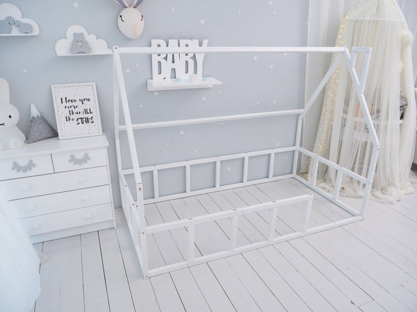 Wood House Bed for Climbing Montessori Bed White Color (Model 1), фото 6