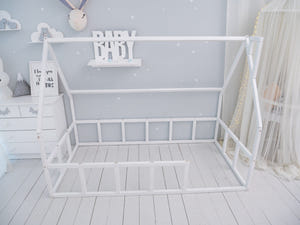 Wood House Bed for Climbing Montessori Bed White Color (Model 1)