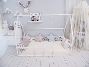 Wood House Bed for Climbing Montessori Bed White Color (Model 1)