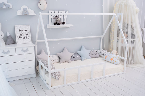Wood House Bed for Climbing Montessori Bed White Color (Model 1)