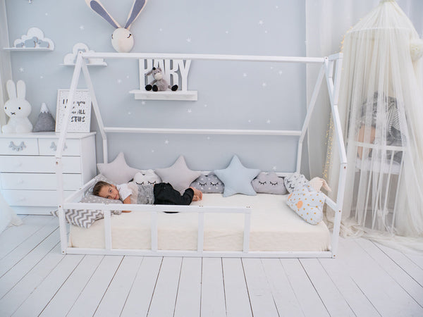 Wood House Bed for Climbing Montessori Bed White Color (Model 1)