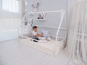 Wood House Bed for Climbing Montessori Bed White Color (Model 1)