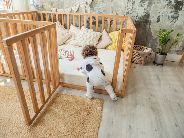 Montessori Wooden Floor bed Playpen with extended rail, Full size