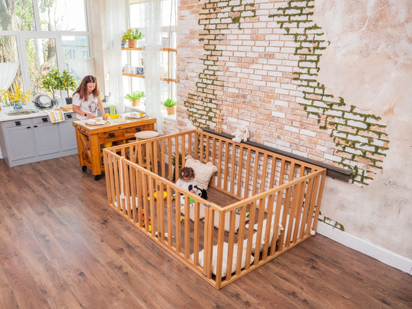 Montessori Wooden Floor bed Playpen with extended rail | Full size | 7 colors (Model 6.3/20)